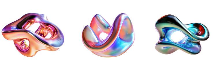 3d fluid abstract metallic holographic colored shape png set transparent background generated by ai