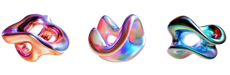 3d fluid abstract metallic holographic colored shape png set transparent background generated by ai