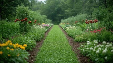 Lush garden path lined with vibrant flowers and tomatoes