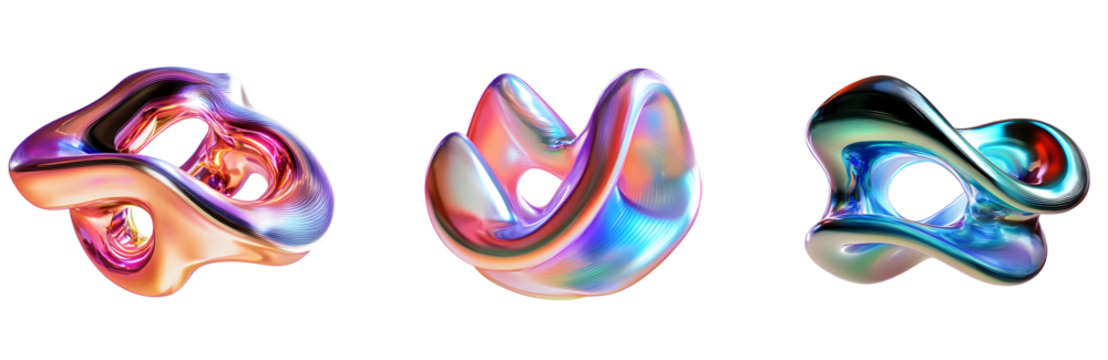 3d fluid abstract metallic holographic colored shape png set transparent background generated by ai - Powered by Adobe