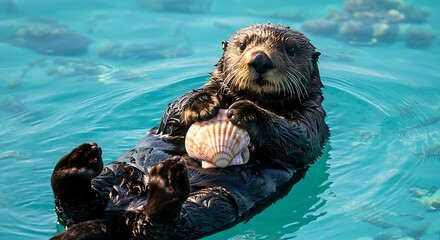 A friendly sea otter floating on its back, holding a seashell.