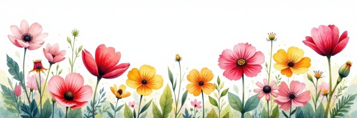 Loose watercolor wildflowers, vibrant colors, whimsical style , background, greenery, summer