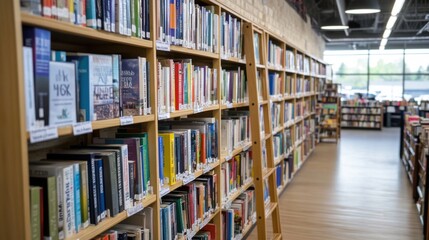 Well-stocked bookshelves in a bright, modern library or bookstore, showcasing a diverse collection of books. A ladder is visible, suggesting accessibility to higher shelves.