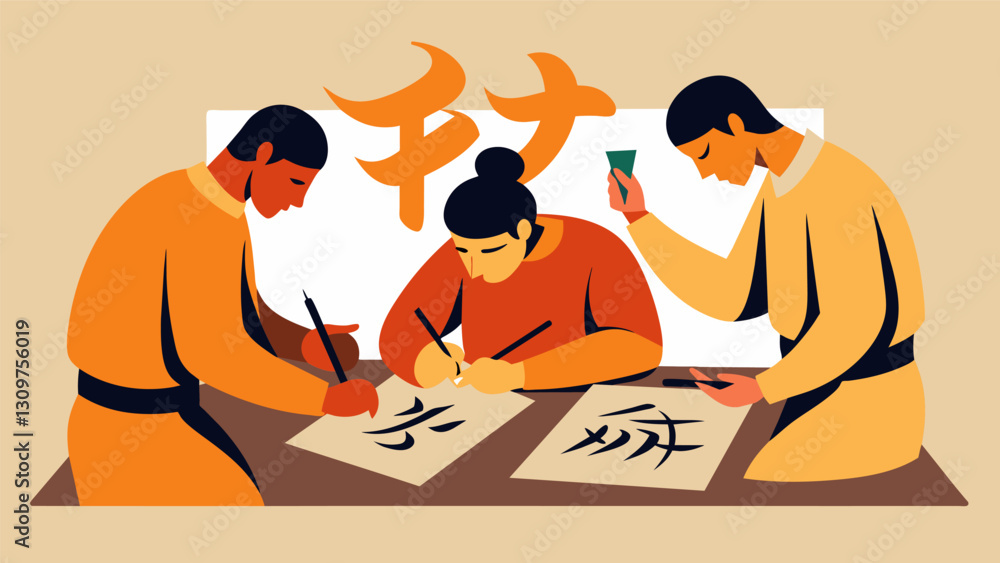 Poster inmates learning the art of calligraphy using precise and intentional strokes to write meaningful ph
