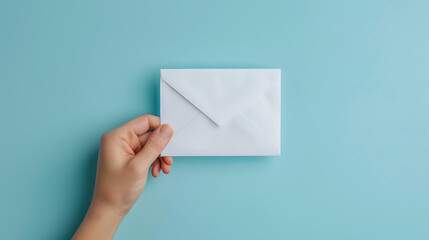 Fototapeta premium Minimalist Hand Holding White Envelope on a Blue Background – Communication Concept