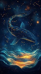 Fototapeta premium Whale swimming in a starry night ocean.