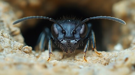 A black ant emerging from its nest on a rugged surface showcasing the cooperative nature of its colony