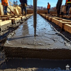 A construction site with workers pouring fresh concrete into the foundation mold, detailed wet concrete texture, professional equipment in use
