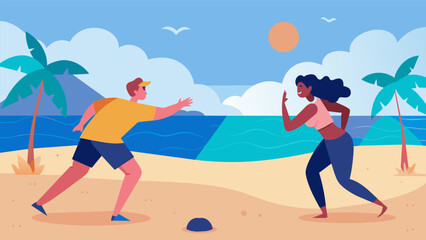 A couple playfully competes against each other in a game of beach baseball the sparkling ocean serving as their backdrop.. Vector illustration
