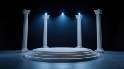 a greek style stage with pillars and a spotlight with a dark background