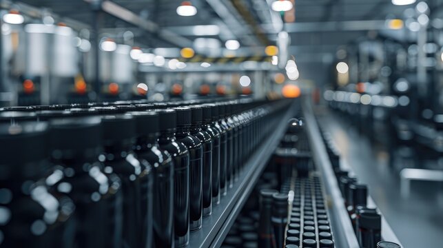 Bottled items are transported down an industrial production line