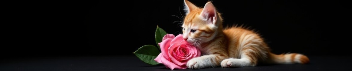 Obraz premium Adorable kitten cradles pink rose, black backdrop, card, flower, persian