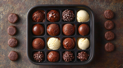 Assorted chocolate truffles in a square box