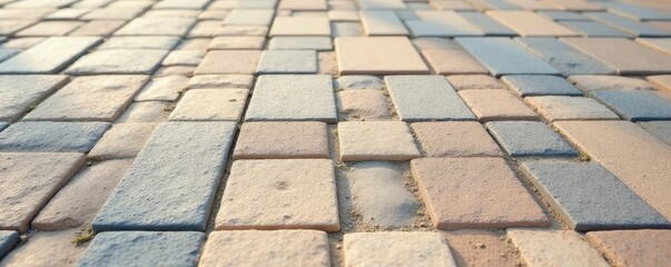 Fototapeta premium Beige and grey interlocking paving stones, textured surface, architecture, garden