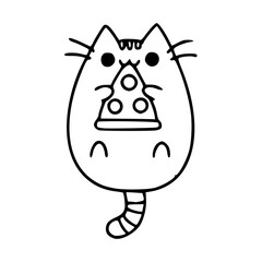 cartoon cat eating slice of pizza - vector illustration