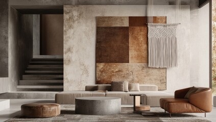 Modern, minimalist living room with exposed concrete walls, a sectional sofa, coffee table, and a woven tapestry.
