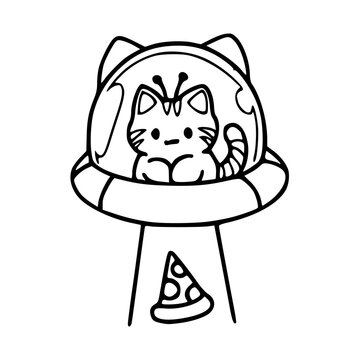 alien cat and pizza - minimalist outline design