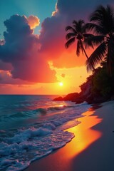 Fiery Caribbean sunset paints sky, calm waves lap shore, summer, orange