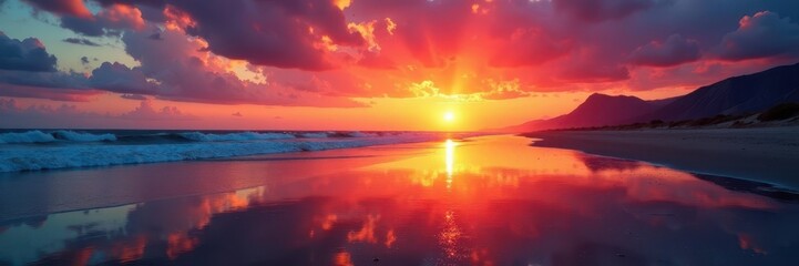 Obraz premium Fiery sky reflects on wet sand, creating a vibrant spectacle , image, wet