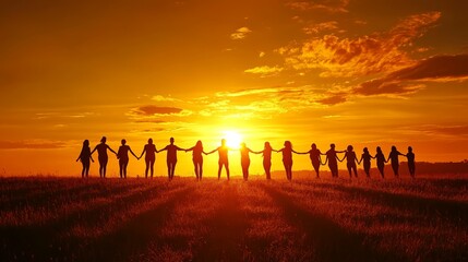 Silhouetted People Holding Hands at Sunset