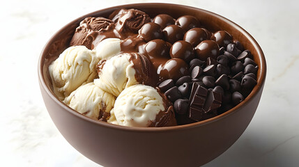 Chocolate and vanilla ice cream sundae with chocolate drizzle and toppings