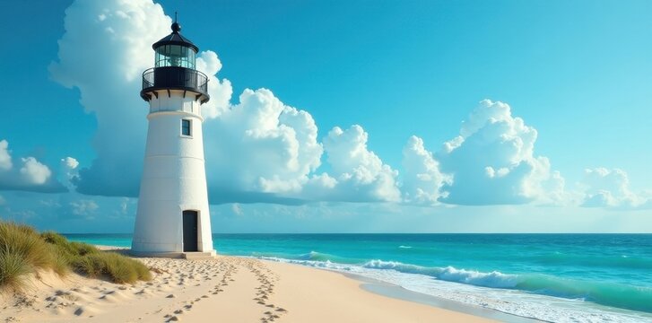 Classic white lighthouse on sandy beach, turquoise sea, tower, blue