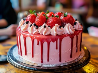 Strawberry Cake: A delectable strawberry cake, with a pink frosting, fresh strawberries, and a luscious glaze, creating an irresistible treat for any occasion.