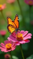Fototapeta premium Close-up of butterfly feeding on flower, garden setting, sunlit , wildlife, floral, background