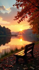 Fototapeta premium Empty bench, autumn lake sunset Golden hour, tranquil scene , tranquil, wood
