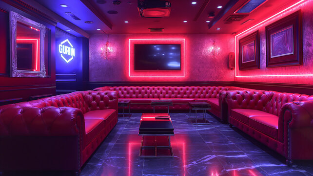 This Guests gather to sing popular songs in a lively karaoke lounge featuring bright decor.