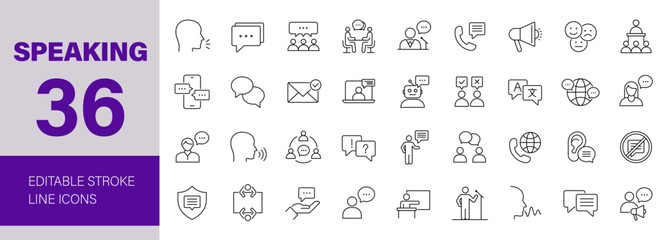 Speaking icon set. Communication related icons: speech, talk, discussion, speech bubble, team, meeting, people, business and more. Editable line icons. Vector illustration.