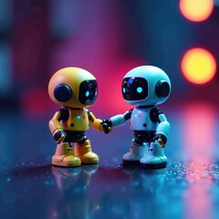 Miniature robots interacting, bright setting, smart design, electronic, imagination