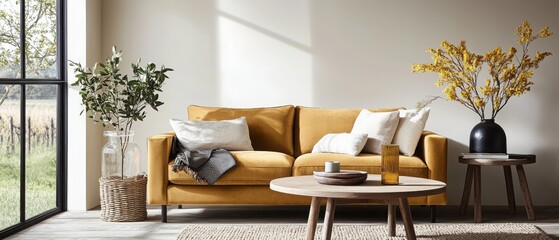 Fototapeta premium Bright and cozy living room featuring a yellow sofa with decorative pillows and plants.
