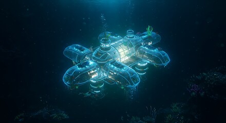A futuristic underwater research station glowing in the deep sea.