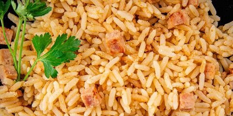 Rice with ham meat main course delicious fresh delicious gourmet food background on the table rustic food top view copy space