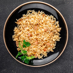 Rice with ham meat main course delicious fresh delicious gourmet food background on the table...