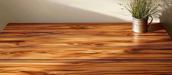 Aerial perspective of a vacant wooden table on a minimalist backdrop.
