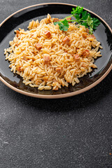 Rice with ham meat main course delicious fresh delicious gourmet food background on the table rustic food top view copy space