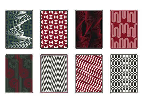 Playing card deck cover design set, back side reverse of game cards with geometry and abstract lines patterns
