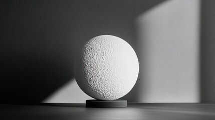 Abstract sphere on dark pedestal in sunlit room