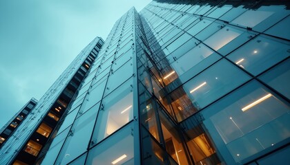 Plakat Low angle view of modern glass skyscraper corner with blue sky. Urban office building with glass facade, commercial real estate. Contemporary architecture design, steel construction, business concept.