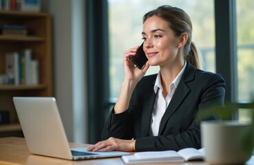 Smiling woman in business suit speaks on smartphone. Manager works at laptop, consults client, provides support. Successful saleswoman offers financial service, planning, investment. Broker works