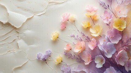 Delicate pastel flowers bloom in shades of pink, yellow, and purple against a soft, textured light background, capturing the essence of springtime elegance and freshness