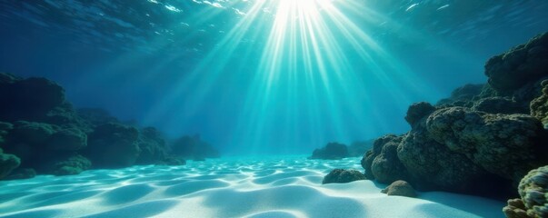 Vibrant light rays illuminate sandy underwater landscape, deep blue hues, scene, underwater scene, underwater