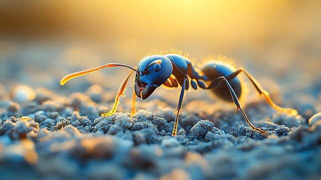 Black ant stepping out of its anthill onto uneven ground showcasing the unity of its colony