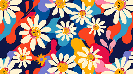 Vibrant Floral Pattern with Daisies and Wildflowers on Dark Background