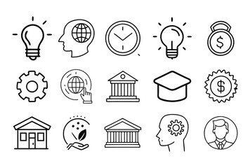Business and Education Icons – Finance, Light Bulb, Graduation, and More