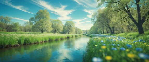 A serene river meanders through vibrant greenery, with blooming wildflowers lining its banks. The bright spring sky is dotted with fluffy clouds, creating a peaceful atmosphere