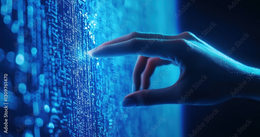 Poster hand touching futuristic digital screen displaying data stream in blue light