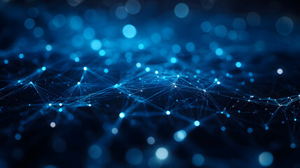 Abstract image with thin white and blue lines forming a complex geometric pattern, connecting scattered small dots. Dark background with a subtle fog effect